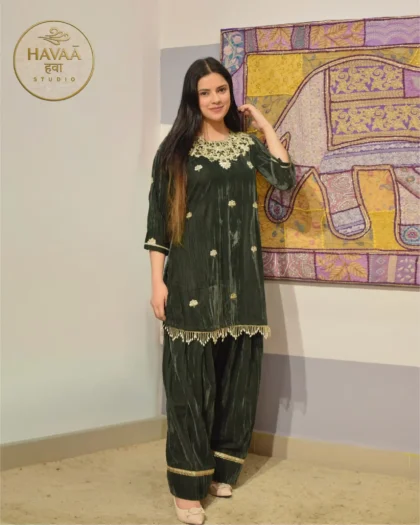 Premium Olive Crushed Velvet Farshi Salwar Suit