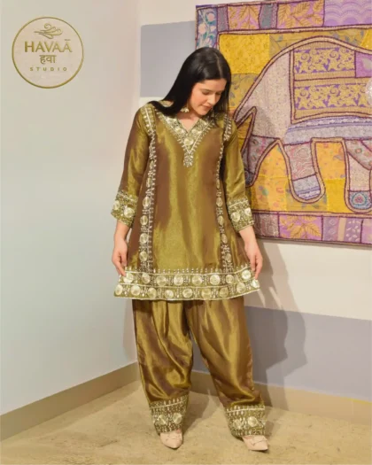 Premium Mehndi Tissue Shimmer Farshi Salwar Suit