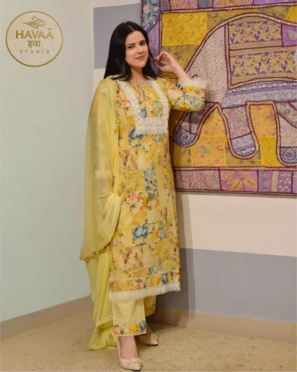 Crayola Yellow Printed Cotton 3 Piece Suit with Lacework