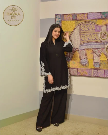 Luxe Crepe Black Pakistani Designer Co-ord Set