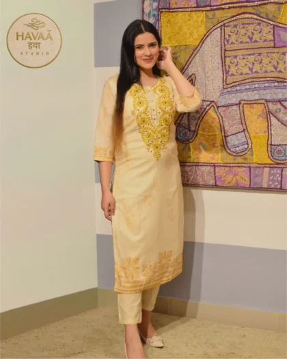 Beige and Mustard Embroidered 3 Piece Straight Suit