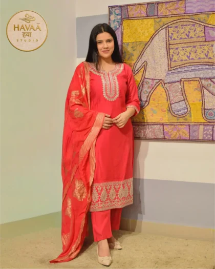 Magenta Pink Embroidered Straight Suit