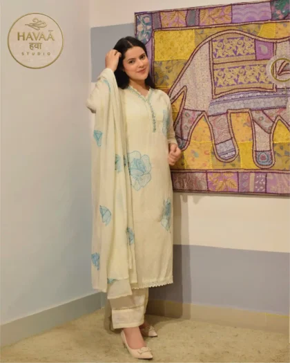 Premium Cotton Straight Suit with Turquoise Floral Embroidery