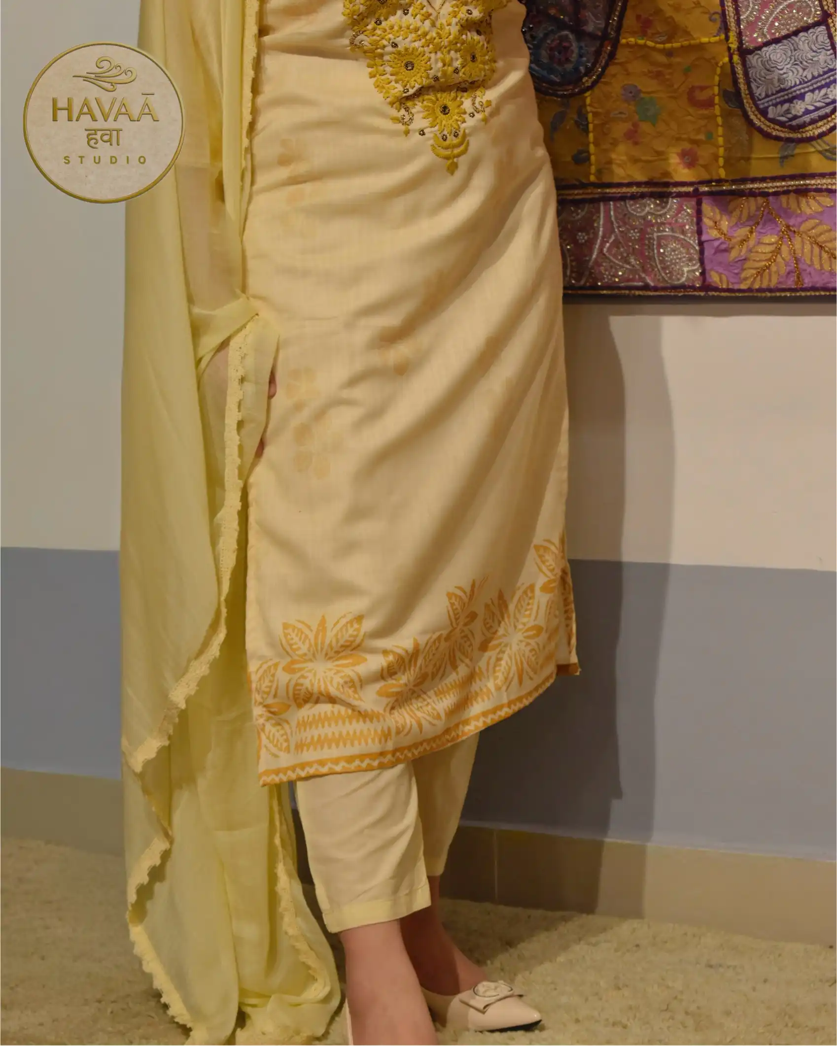 Beige and Mustard Embroidered 3 Piece Straight Suit - Image 3