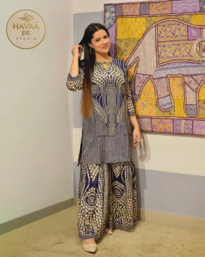 Designer Pure Crepe Blue Sharara Suit