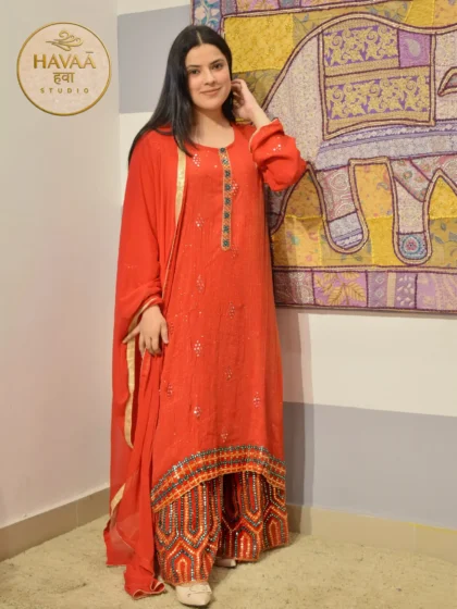 Red Semi-Stitched Sharara Suit with Gotta & Mukaish Work