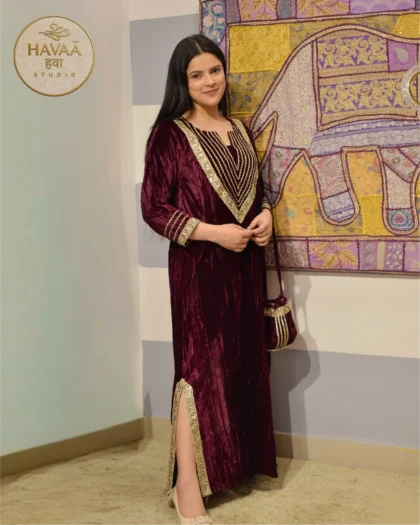Crushed Velvet Wine Designer Gown with Potli