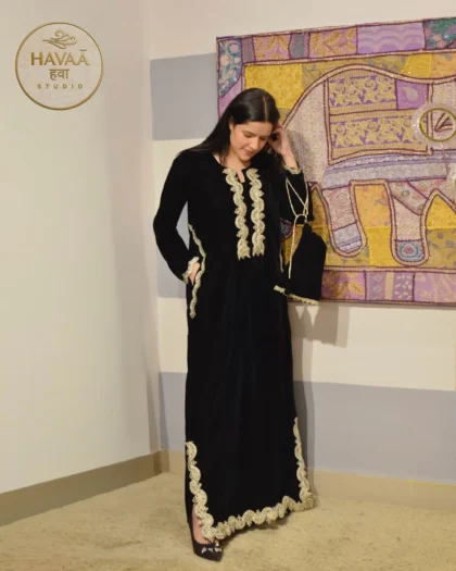 Luxe Black Velvet Designer Gown with Potli