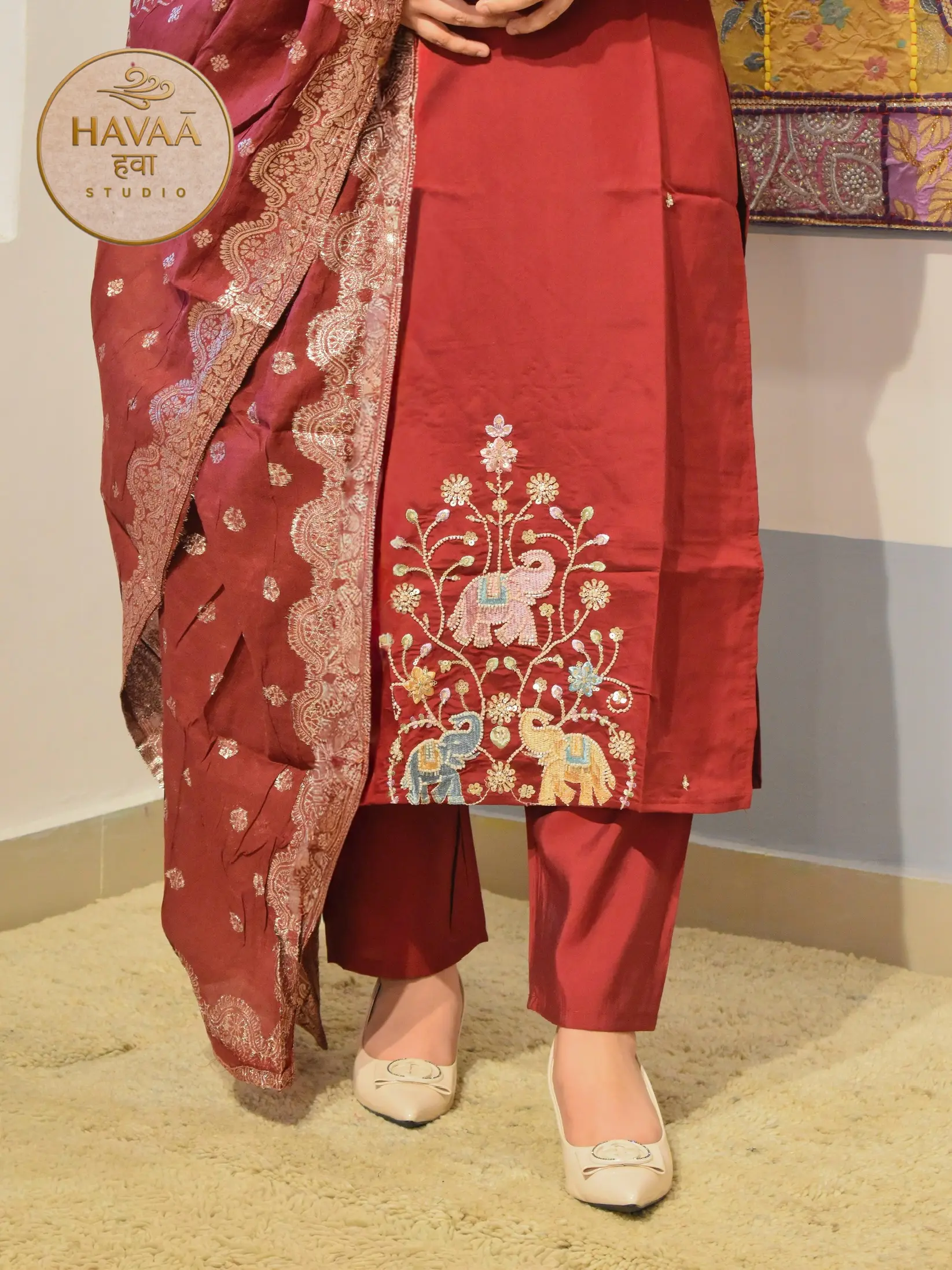 Maroon Straight Suit with Kolkata Haathi Embroidery (2 Dupatta) - Image 2