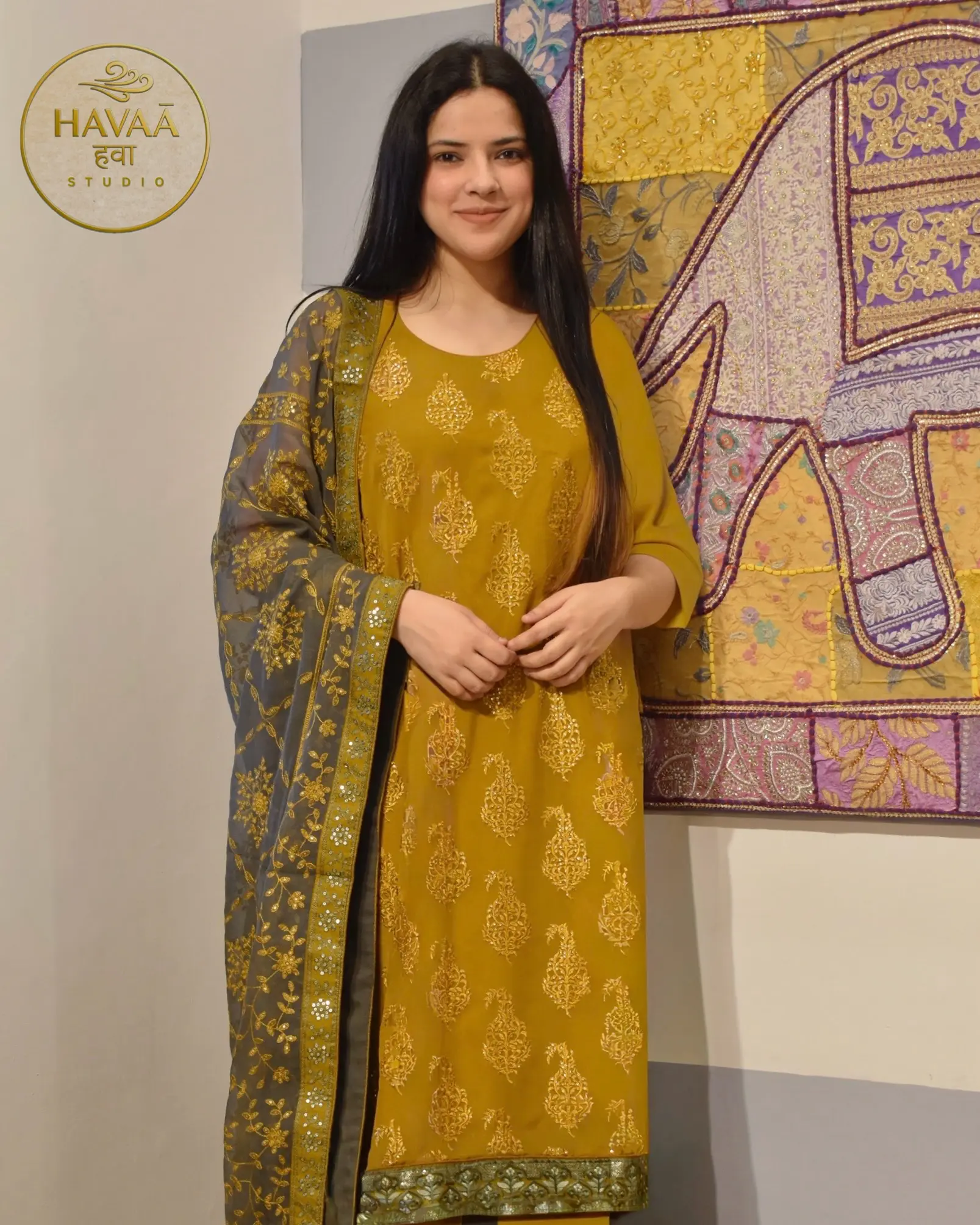 Mustard & Mehndi Designer Unstitched Suit - Image 2