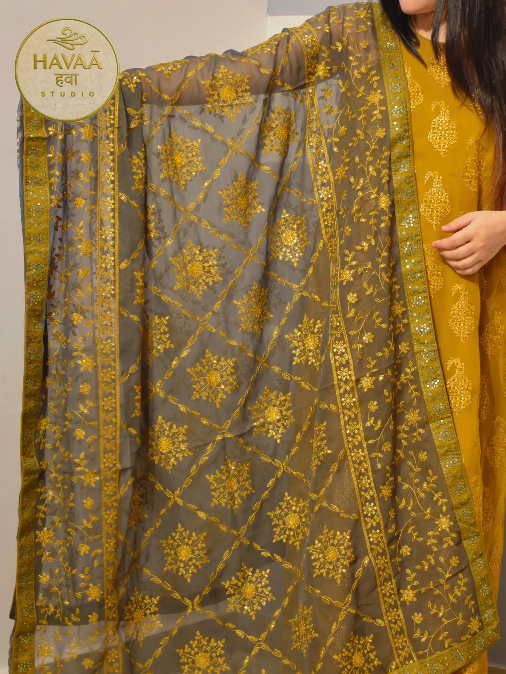 Mustard & Mehndi Designer Unstitched Suit