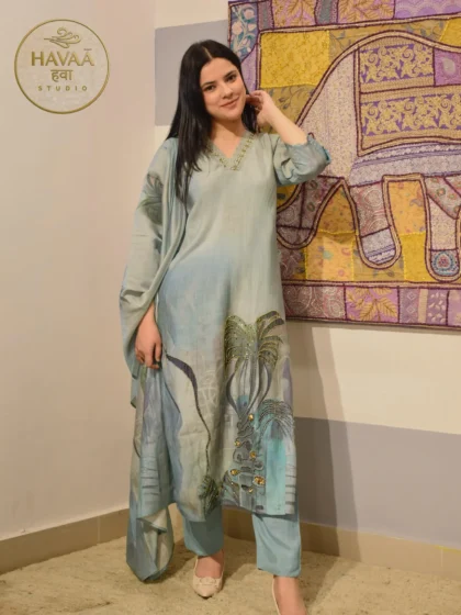 Blue Digital Print Handwork Suit Set