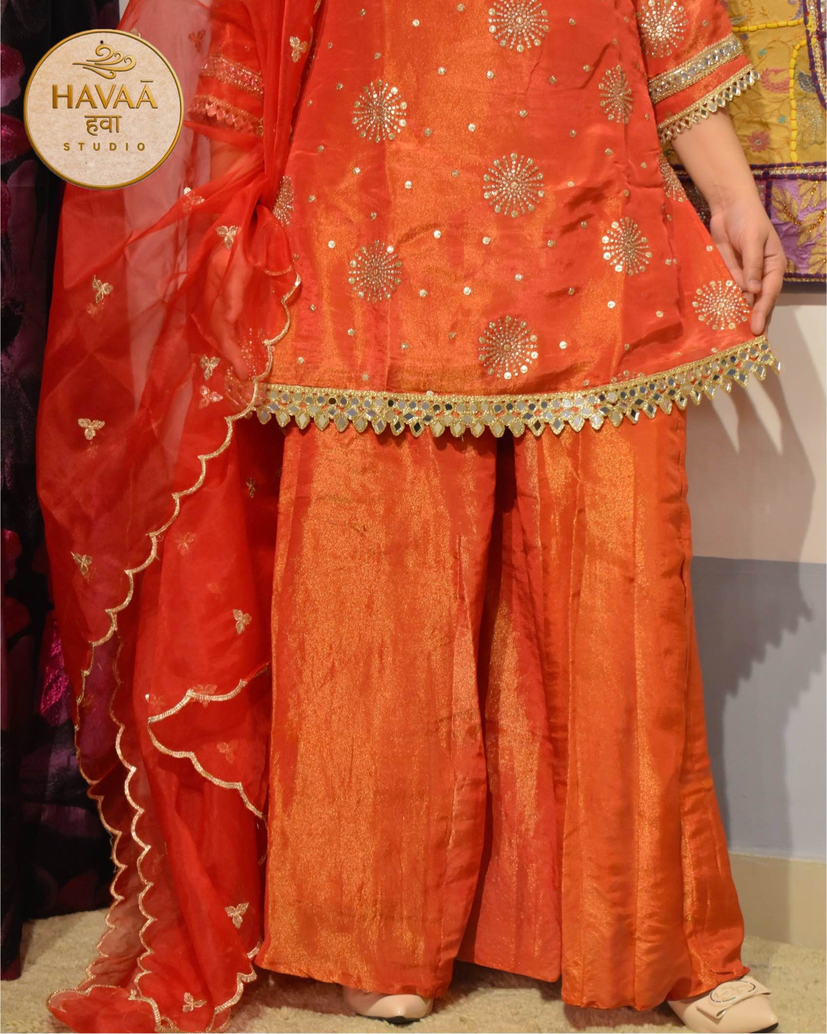 Rust Orange Mirror Work Sharara Suit - Image 3