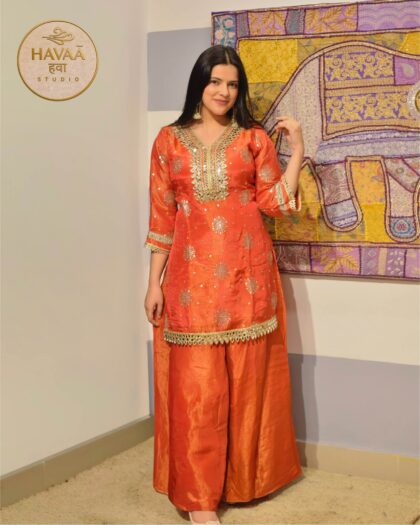 Rust Orange Mirror Work Sharara Suit