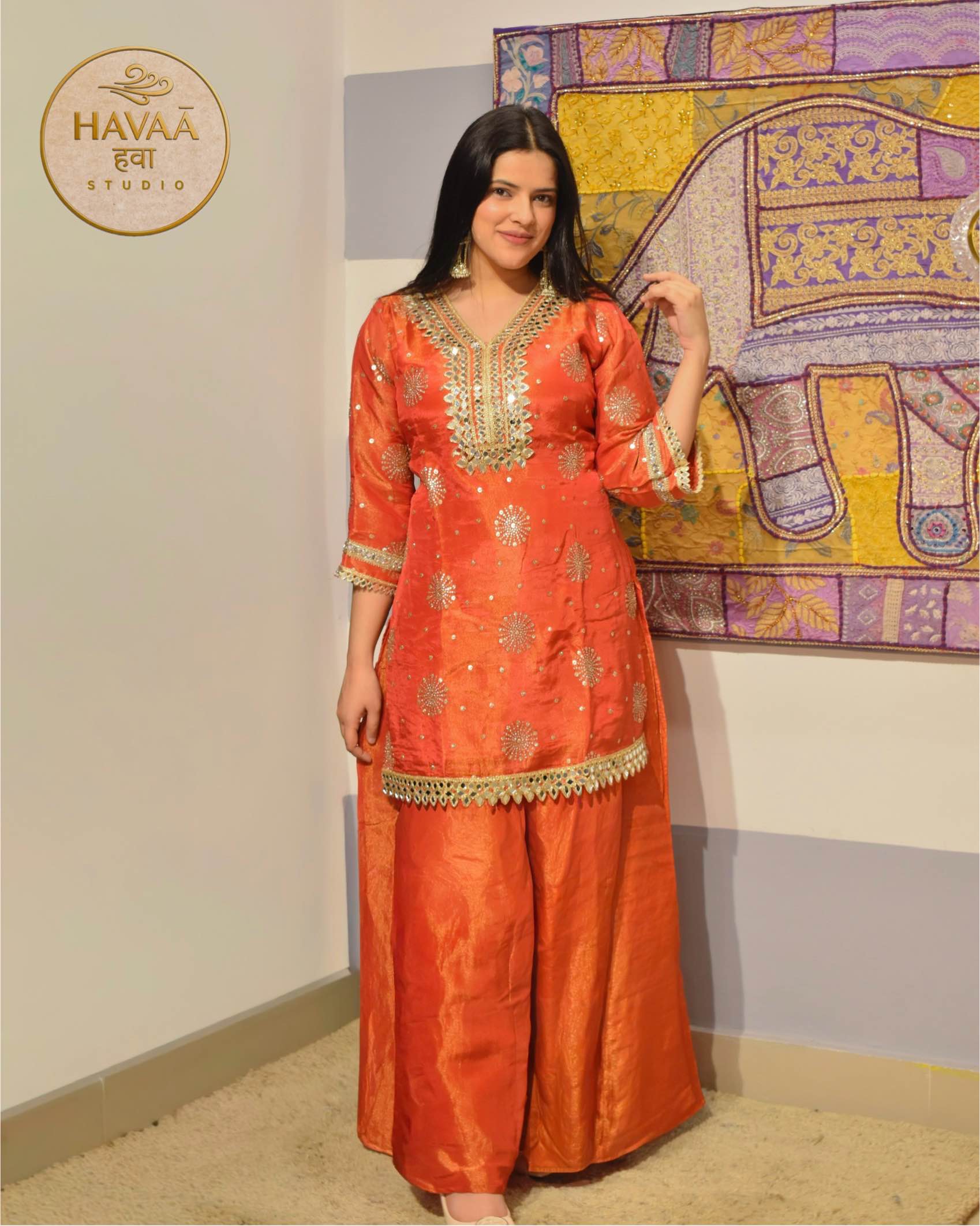Rust Orange Mirror Work Sharara Suit