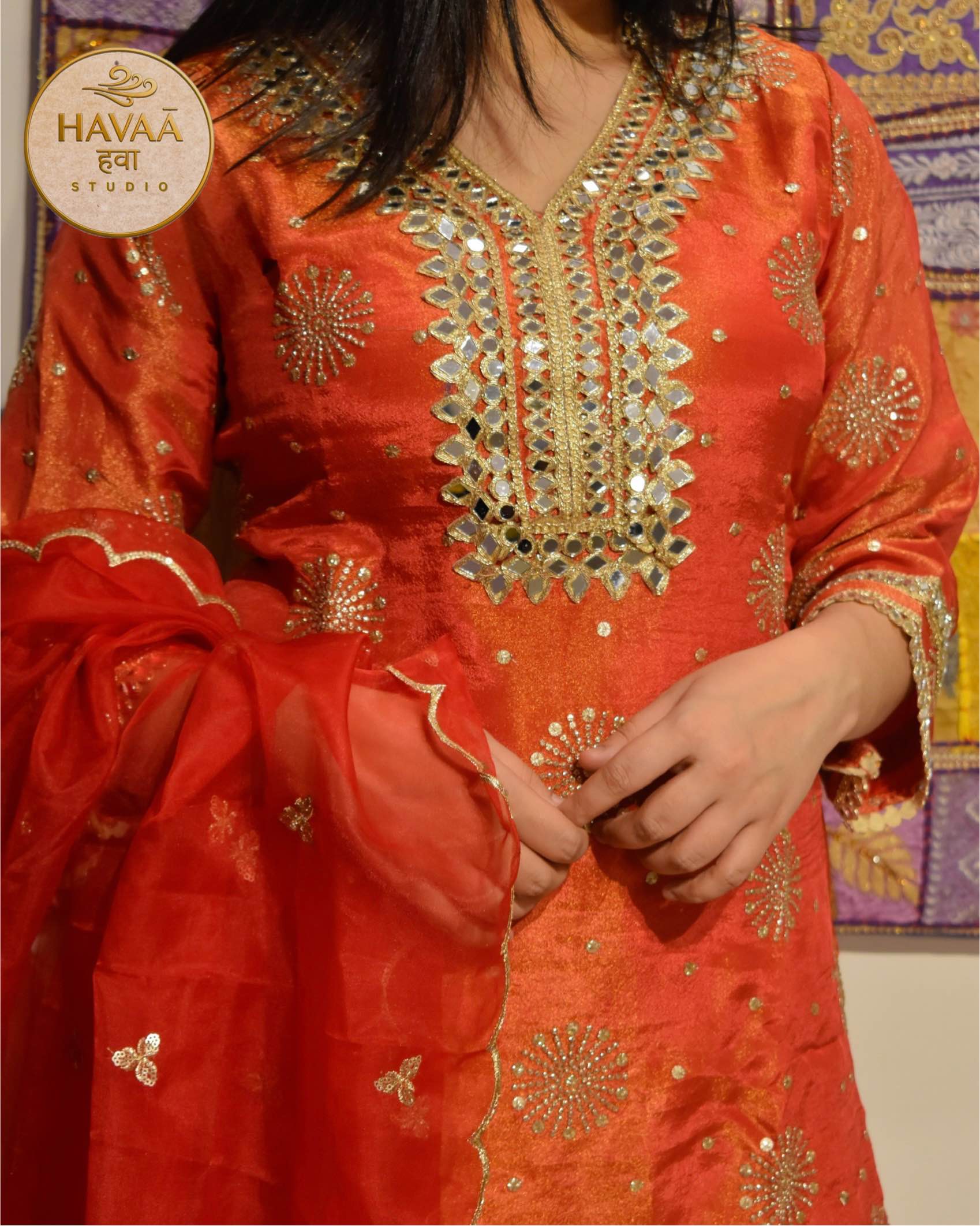 Rust Orange Mirror Work Sharara Suit - Image 2