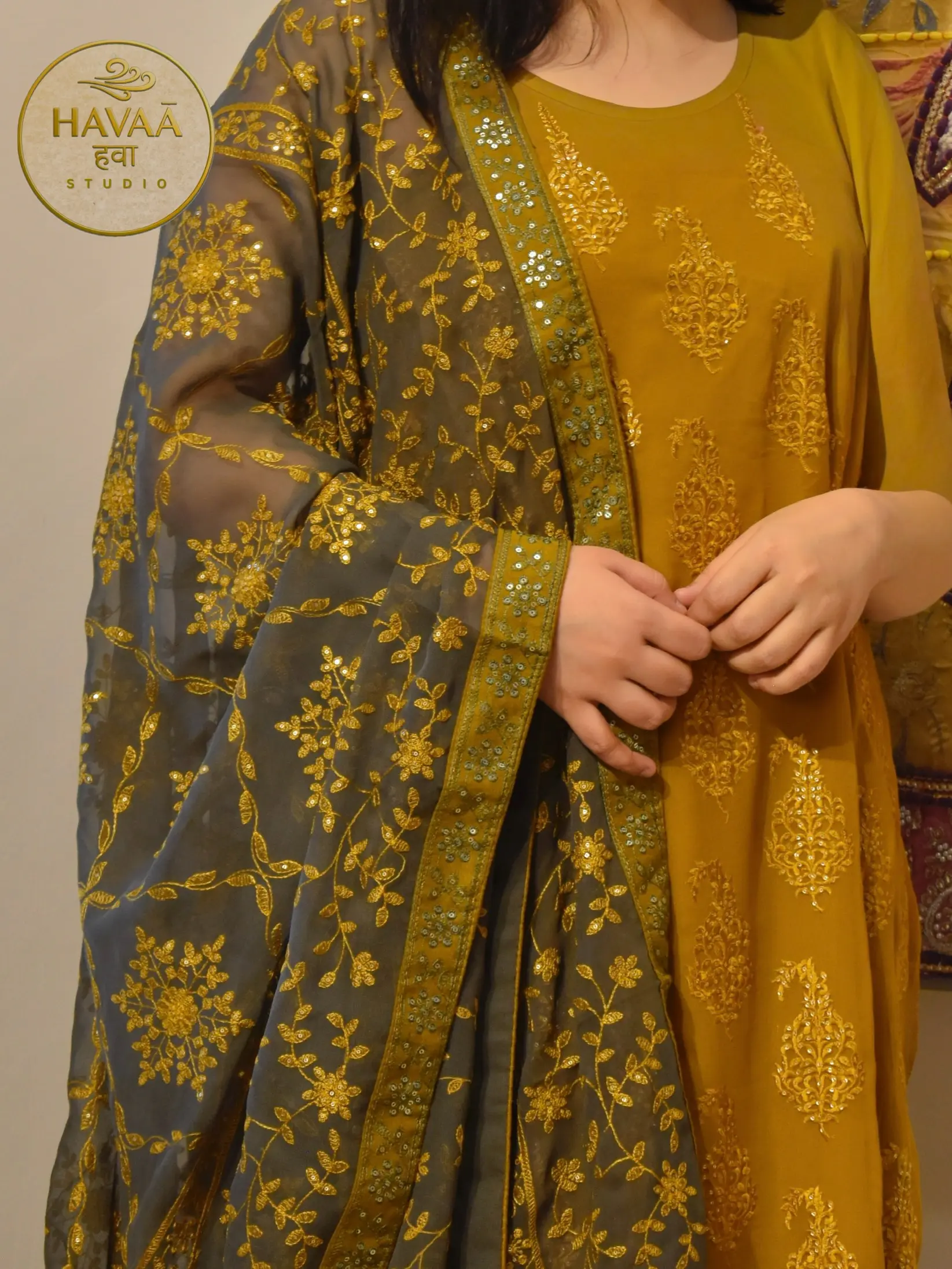 Mustard & Mehndi Designer Unstitched Suit - Image 3